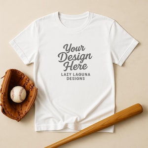White Bella Canvas 3001 Flat Lay T-Shirt Mockup with Baseball Glove and Bat