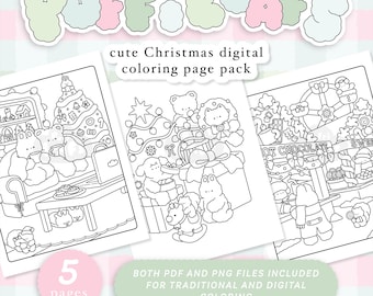 Niedliche Weihnachts Malseiten, Weihnachten zum Ausdrucken, Gemütliche Ästhetik, Kawaii Malseiten für Erwachsene und Jugendliche, Ästhetische Färbung