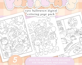 Niedliche Halloween Malseiten, Halloween Sofort-Download, gemütliche Ästhetik, Kawaii Herbst Malseiten für Erwachsene und Jugendliche, Herbst