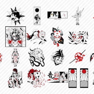 Peut inclure: Un ensemble de 18 illustrations num&eacute;riques en noir et blanc repr&eacute;sentant des personnages de la s&eacute;rie d'anime Demon Slayer. Les illustrations comprennent des personnages tels que Tanjiro Kamado, Nezuko Kamado, Zenitsu Agatsuma, Inosuke Hashibira et Giyu Tomioka. Les illustrations sont dans un style manga et pr&eacute;sentent diverses poses et expressions.