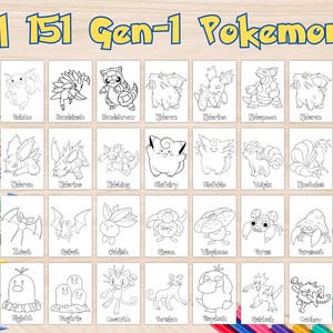 May include: Black and white line art illustrations of all 151 first generation Pokemon characters. Each character is in a separate square frame with the name of the Pokemon written below.