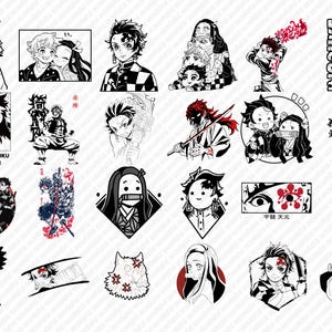Peut inclure: Une collection de 20 illustrations en noir et blanc repr&eacute;sentant des personnages de la s&eacute;rie d'anime Demon Slayer. Les personnages sont repr&eacute;sent&eacute;s dans diverses poses et expressions, notamment en train de se battre, de sourire et de froncer les sourcils. Les illustrations sont sur fond blanc.