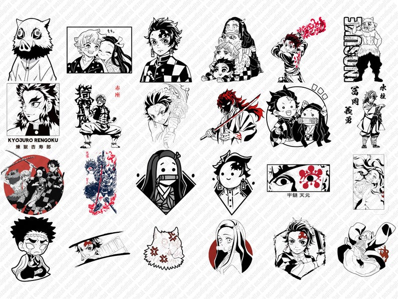 Peut inclure: Une collection de 20 illustrations en noir et blanc repr&eacute;sentant des personnages de la s&eacute;rie d'anime Demon Slayer. Les personnages sont repr&eacute;sent&eacute;s dans diverses poses et expressions, notamment en train de se battre, de sourire et de froncer les sourcils. Les illustrations sont sur fond blanc.