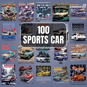 100 design di magliette con auto sportive - File PNG di alta qualità / Grafica urbana alla moda / Pacchetto street di alta qualità per magliette, felpe con cappuccio