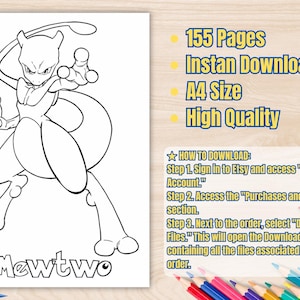 May include: Black and white line art coloring page featuring the Pokemon Mewtwo. The image includes the text "Mewtwo" at the bottom. The page is part of a 155-page coloring book, available for instant download in A4 size.