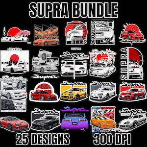 Puede incluir: Un conjunto de 25 diseños digitales que presentan diversas ilustraciones de un coche Toyota Supra en diferentes colores y entornos. Los diseños son de alta resolución, 300 DPI, y perfectos para usar en proyectos como pegatinas, camisetas y otros productos.