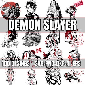Peut inclure: Illustrations num&eacute;riques en noir et blanc de personnages de l'anime Demon Slayer. Les personnages sont dans diverses poses et incluent Tanjiro, Nezuko, Zenitsu, Inosuke et Giyu. Le texte "Demon Slayer" est &eacute;crit en grandes lettres en haut de l'image. Le texte "100 Desings SVG-PNG-DXF-AI-EPS" est &eacute;crit en bas de l'image.