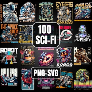 100 Sci-Fi T-Shirt Design Bundle – High-Quality PNG & SVG Files | Trendy Urban Graphics | High-Quality Street Pack for T-Shirts, Hoodies