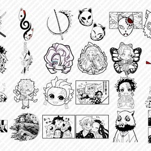 Peut inclure: Illustrations en noir et blanc de personnages de l'anime Demon Slayer. Les personnages sont dans diff&eacute;rentes poses et expressions. Certains personnages portent des masques. Les illustrations sont dans un style cartoon.