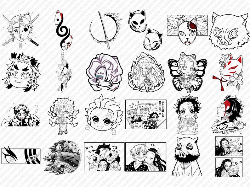 Peut inclure: Illustrations en noir et blanc de personnages de l'anime Demon Slayer. Les personnages sont dans diff&eacute;rentes poses et expressions. Certains personnages portent des masques. Les illustrations sont dans un style cartoon.