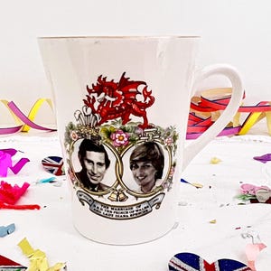 1981 vintage Charles and Diana mug by Royal Kendal to celebrate their wedding, a royal souvenir of fine bone china