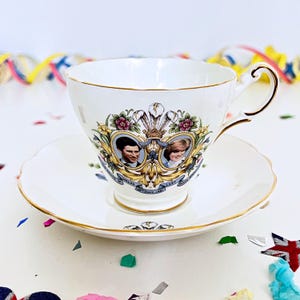 1981 Charles and Diana bone china teacup duo by Regency China, vintage souvenir to commemorate the 1981 Royal Wedding