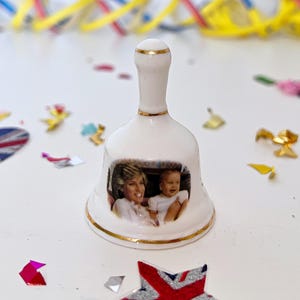 1983 vintage miniature bell featuring Princess Diana and Prince William to mark the Prince’s first birthday by Finsbury, 4cm H