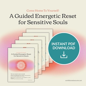 Puede incluir: Una pila de guías digitales titulada "A Guided Energetic Reset for Sensitive Souls". Las guías tienen un diseño rosa y blanco con un mandala. La imagen también incluye un círculo turquesa con las palabras "Instant PDF Download".