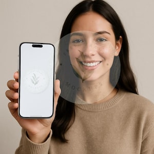 May include: A silver smartphone with a blank white screen is held up by a person. The phone has a black border and a circular logo with leaves on the screen. The person is wearing a tan sweater.