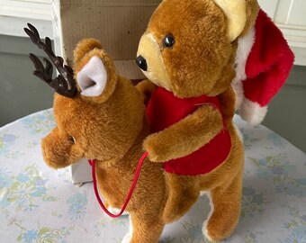 Vintage CHRISTMAS 90s TEDDY BEAR Riding Reindeer