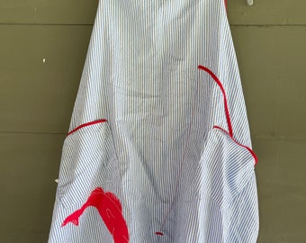 Vintage TICKING Blue Striped Full Body APRON With Red DOLPHIN