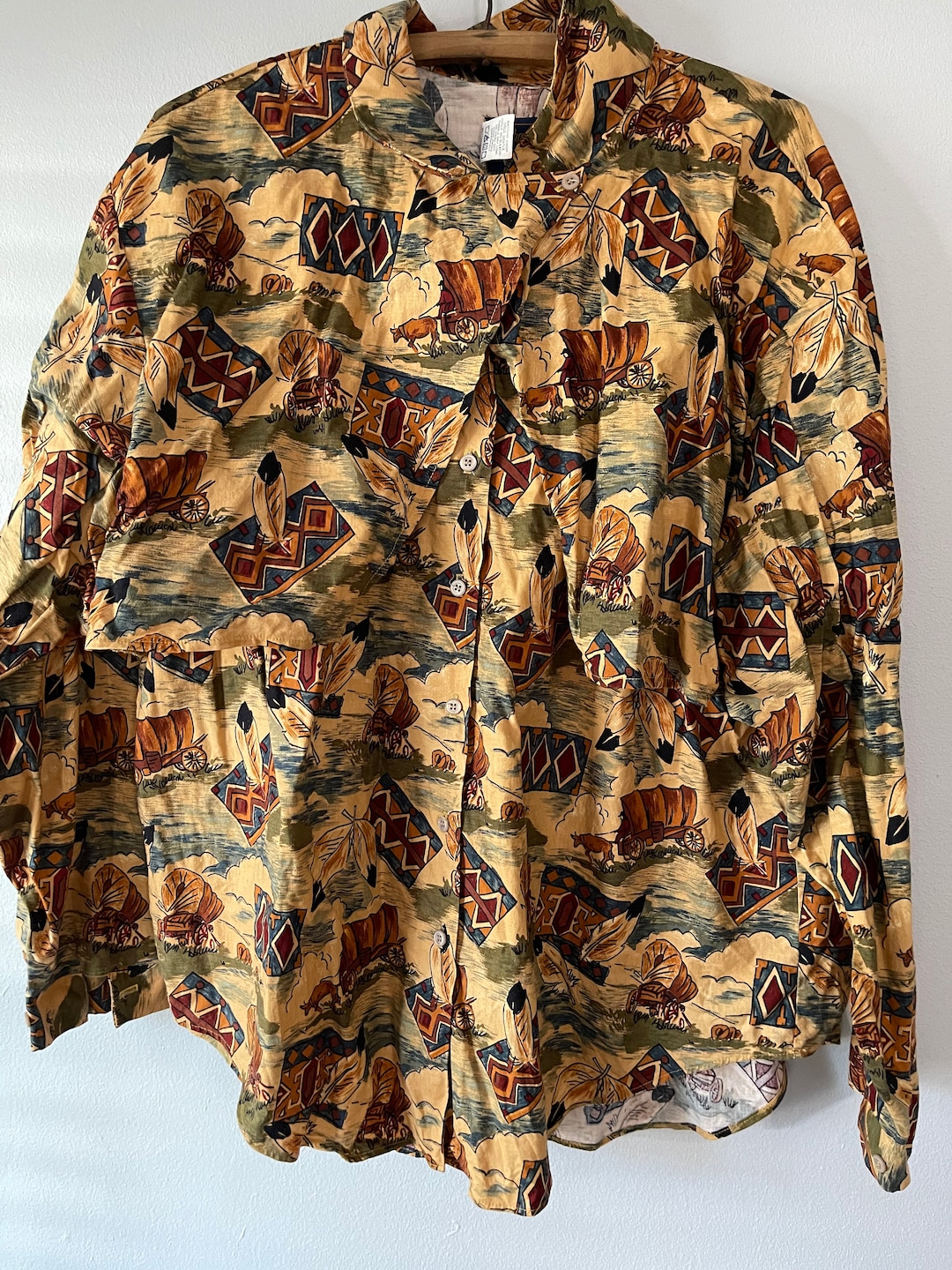 MENS Vintage WESTERN Shirt Wagons Feathers Horses XL Etsy