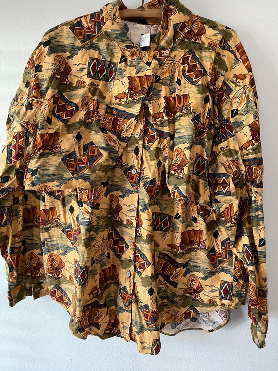 MENS Vintage WESTERN Shirt Wagons, Feathers, Hors… - image 1