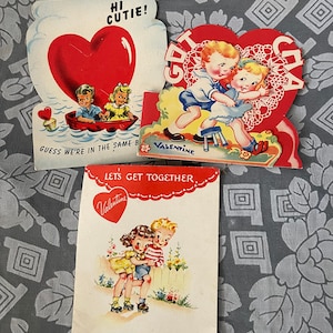 Vintage VALENTINES CARDS Lot of 3 CUTE Kid Couples 1940s