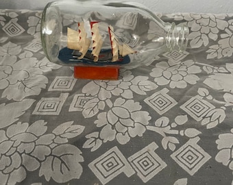 Vintage 70s CLEAR Glass SHIP in A Bottle