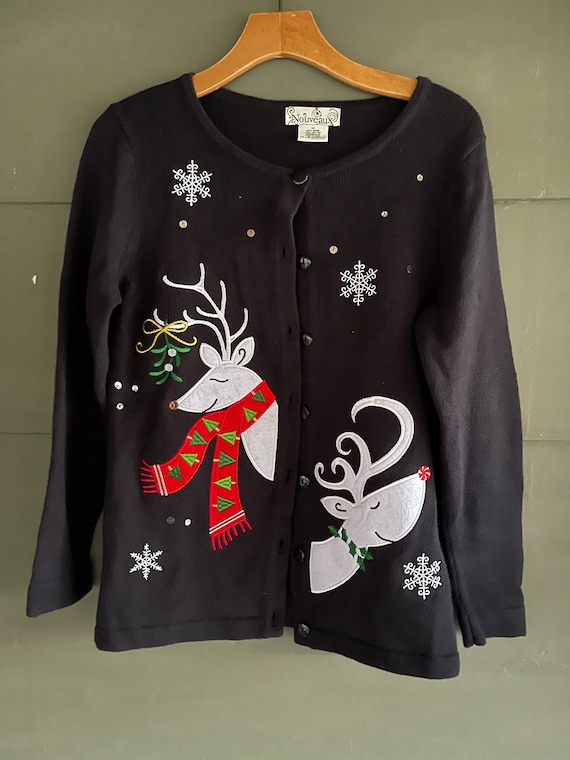 Vintage CHRISTMAS 90s Black REINDEER Sweater CARDIGAN Medium