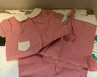 CUTE Vintage Red Striped DOLL CLOTHING Overalls and shirt