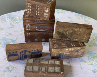 Vintage Lot of 7 WOODEN Blocks HOUSES BUILDINGS Bakery Oil Gas