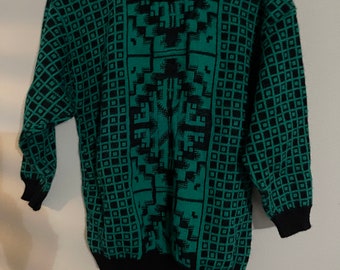 CUTE Vintage 80s BELDOCH Green & Black SWEATER Top Small Petite
