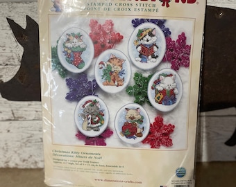 Vintage 2002 DIMENSIONS Christmas KITTY Cat Ornaments Cross Stitch Kit