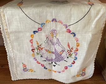 GORGEOUS Vintage TABLE Runner Stitched Lady with Flowers