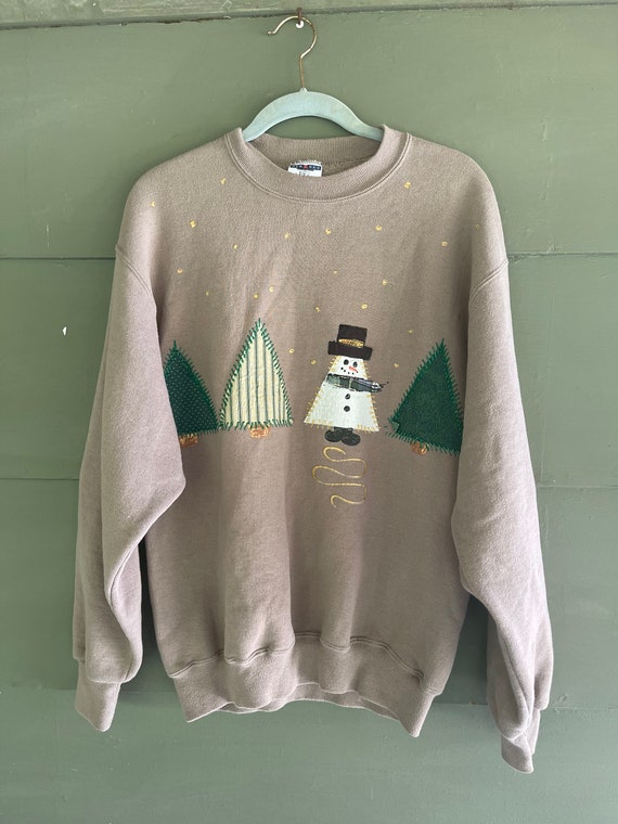 Vintage 80s CHRISTMAS Sweatshirt Top SNOWMAN & TR… - image 1