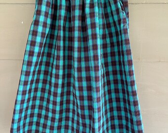 Vintage 90s GREEN PLAID Full COTTON Skirt L to XLarge