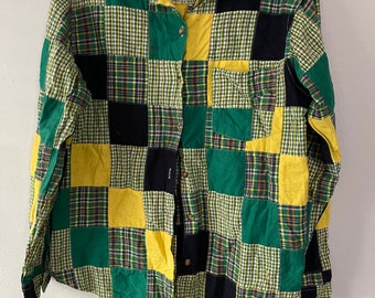 Vintage 90s PLAID PATCHWORK Button Up SHIRT Top Sm to Med