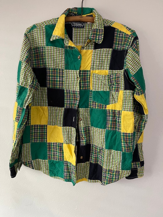 Vintage 90s PLAID PATCHWORK Button Up SHIRT Top S… - image 1