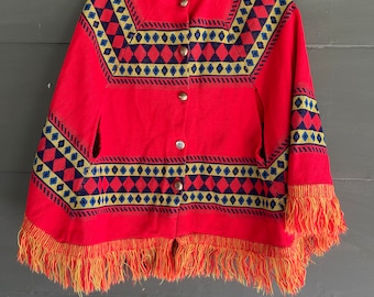 Vintage 70s Red ETHNIC Southwest HIPPY Poncho Cape XS