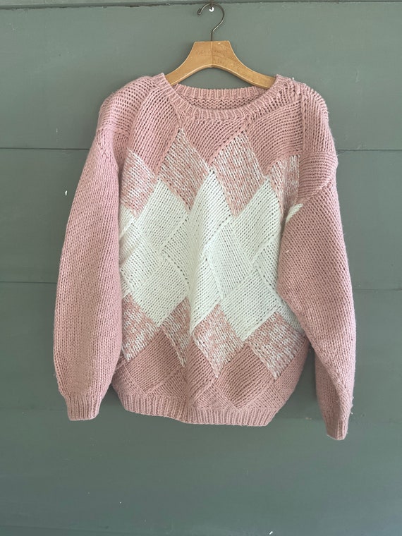 CUTE Vintage 90s HANDKNIT Pink SWEATER Top Large