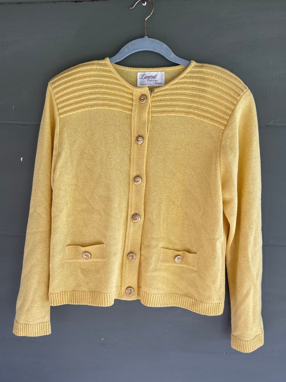 Vintage 80s YELLOW Sweater Cardigan LAURA Petites 
