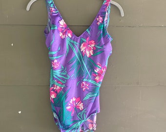 Vintage 80s Shapemaid Purple SWIMSUIT Tropical Matching Sarong Medium