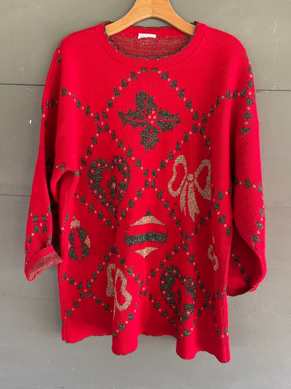 Vintage CHRISTMAS Tunic SWEATER Bows & Ornaments e