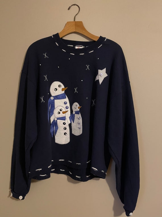 CUTE Vintage CHRISTMAS Navy SNOWMAN Sweatshirt To… - image 1