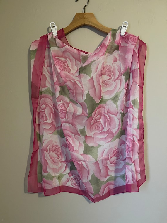Beautiful Vintage PINK Sheer SCARF with ROSES - image 1