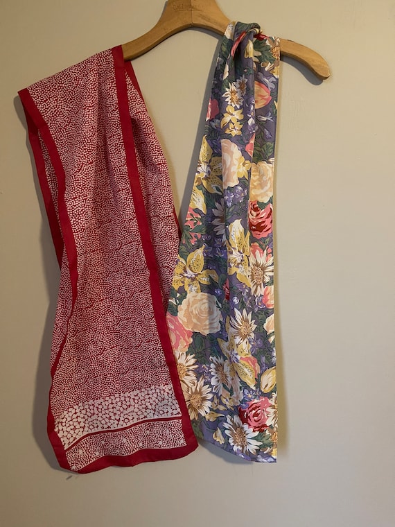 Vintage Lot of 2 SILK Rectangle SCARVES Dots and … - image 1