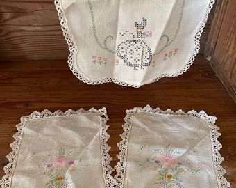 GORGEOUS Lot of 3 DOILIES Linens Stitched Lady Stitched florals