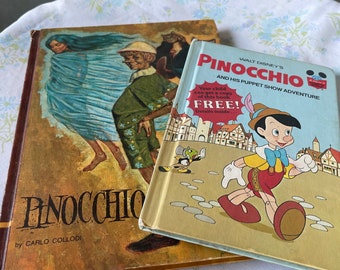 May include: Two vintage children's books about Pinocchio. The top book is a brown hardback with a colorful illustration of Pinocchio and a blue fairy. The bottom book is a blue hardback with a colorful illustration of Pinocchio and Jiminy Cricket. The text on the bottom book reads "Walt Disney's Pinocchio and His Puppet Show Adventure".