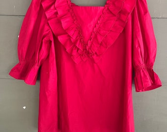 CUTE vintage Red RUFFLED Peasant BLOUSE Top medium