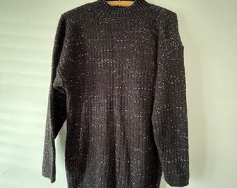 Vintage 70s Black TUNIC SWEATER With Silver METALLICS Fits Sm to Med