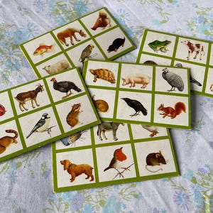 Lote antiguo de 5 CARTAS DE LOTERÍA DE ANIMALES Tableros de juego