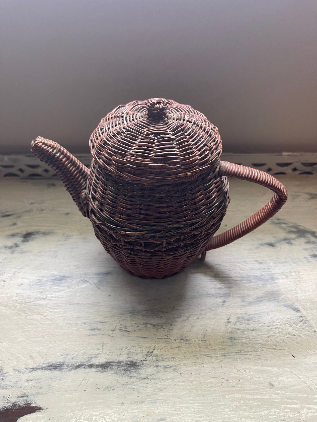 CUTE Vintage WICKER BASKET Teapot Etsy