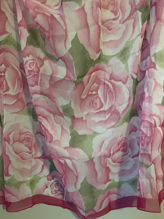 Beautiful Vintage PINK Sheer SCARF with ROSES - image 2